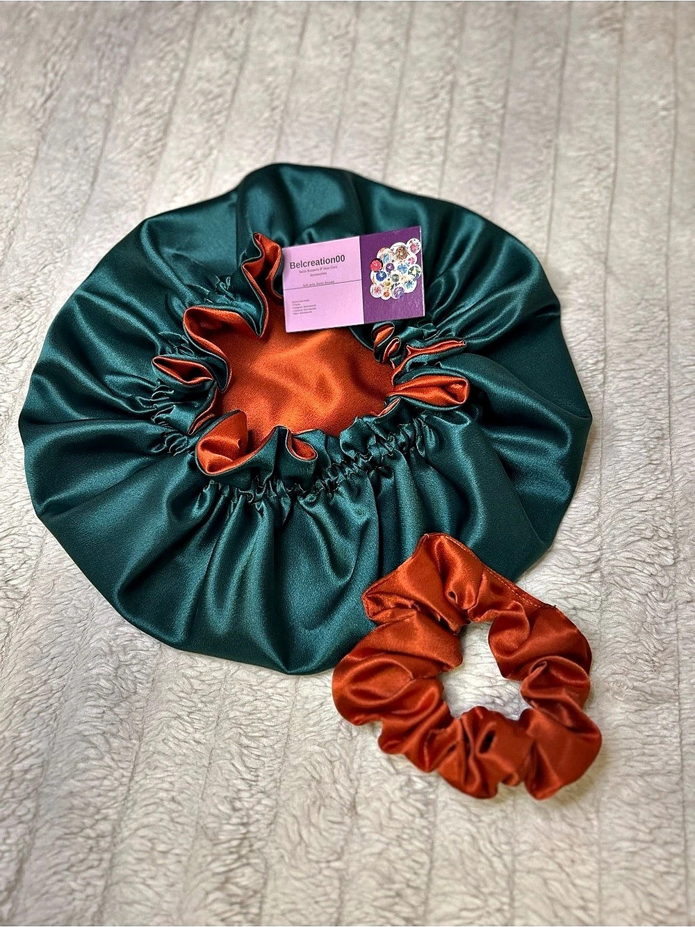 Silk Bonnet + Matching Scrunchie | Hunter Green & Rust